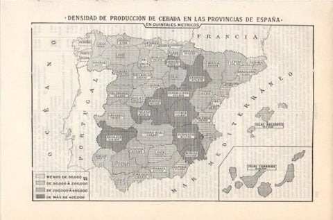 LAMINA V11845: Mapa de España de produccion de cebada