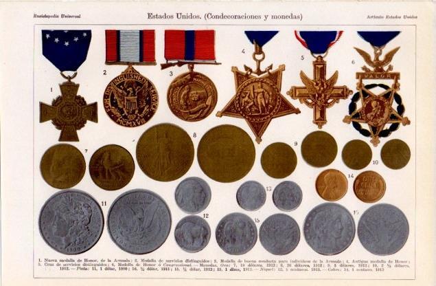 LAMINA V12574: Condecoraciones y monedas de Estados Unidos