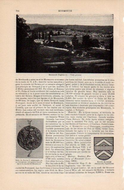 LAMINA V12736: Vista y escudo de Monmouth, Inglaterra