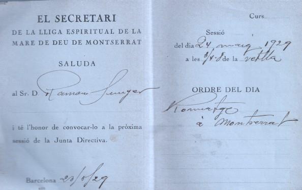Invitacion Junta de El Secretari de la lliga espiritual de la Mare de Deu de Montserrat en 1929