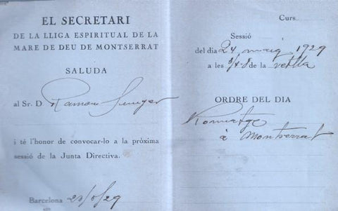 Invitacion Junta de El Secretari de la lliga espiritual de la Mare de Deu de Montserrat en 1929