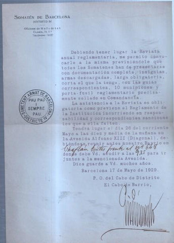 Escrito citacion a la revista del SOMATEN DE BARCELONA distrito IV en 1929