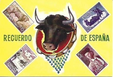 POSTAL L04620: Sellos de España y cabeza de toro