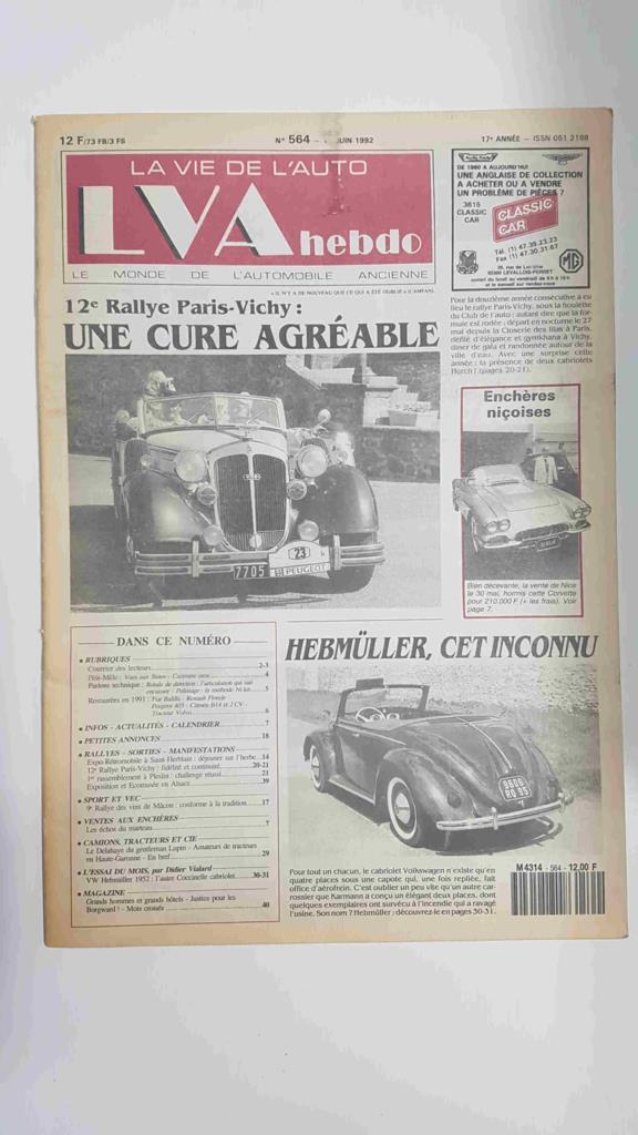 Revista, Magazine: La Vie de l'Auto LVA Hebdo num 564, juin 1992 - 122 Rallye Paris Vichy
