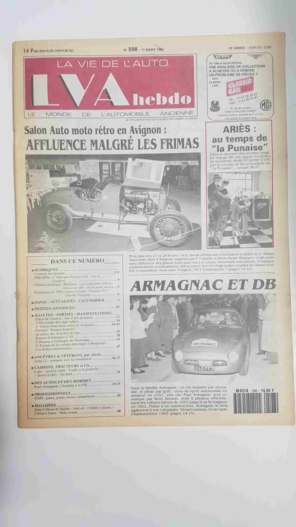 Revista, Magazine: La Vie de l'Auto LVA Hebdo num 598, 11 mars 1993 - Salon Auto moto rétro en Avignon affluence malgré les frimas