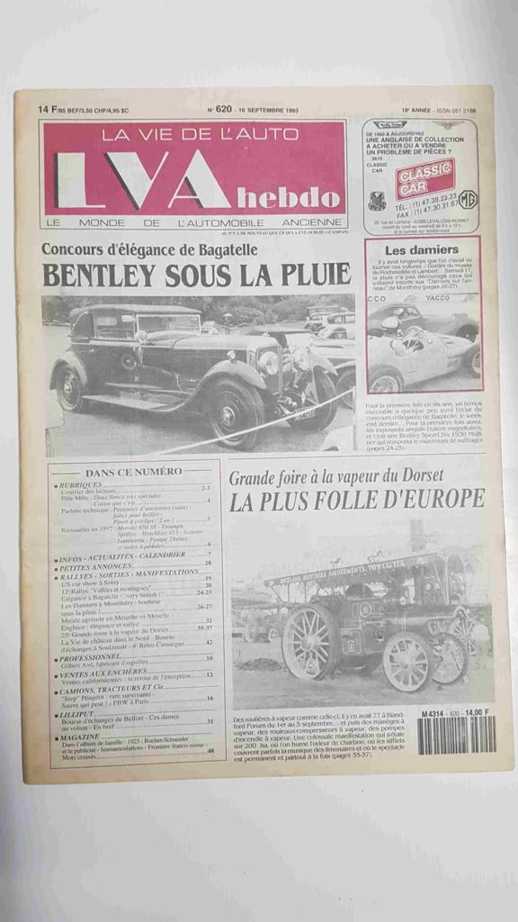Revista, Magazine: La Vie de l'Auto LVA Hebdo num 620, 16 septembre 1993 - Concours d'élégance de Bagatelle (Bentley sous la pluie)