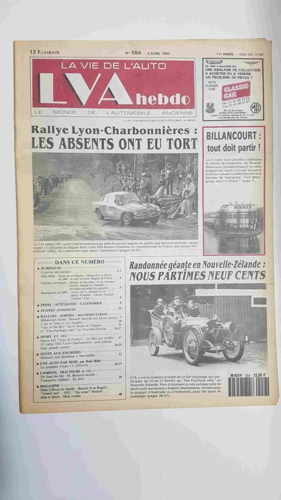 Revista, Magazine: La Vie de l'Auto LVA Hebdo num 554, 2 avril 1992 - Le 15e Rallye Lion Charbonnières. Incluye suplemento en las paginas centrales