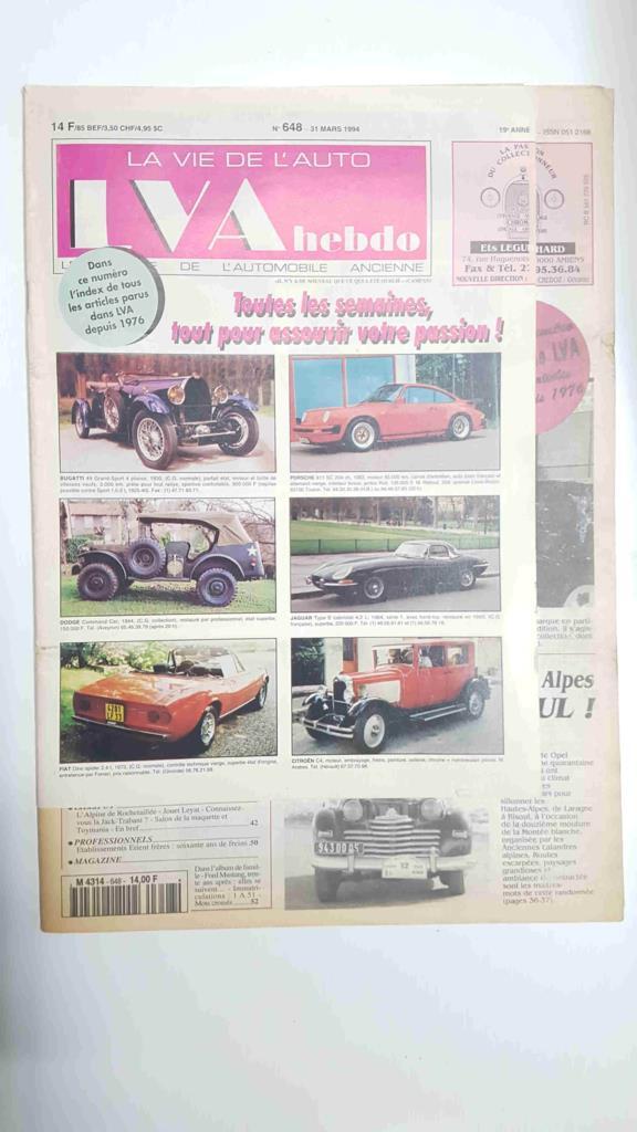 Revista, Magazine: La Vie de l'Auto LVA Hebdo num 648, 31 mars 1994 - Salon du cabriolet Paris (Renault se decouvre)