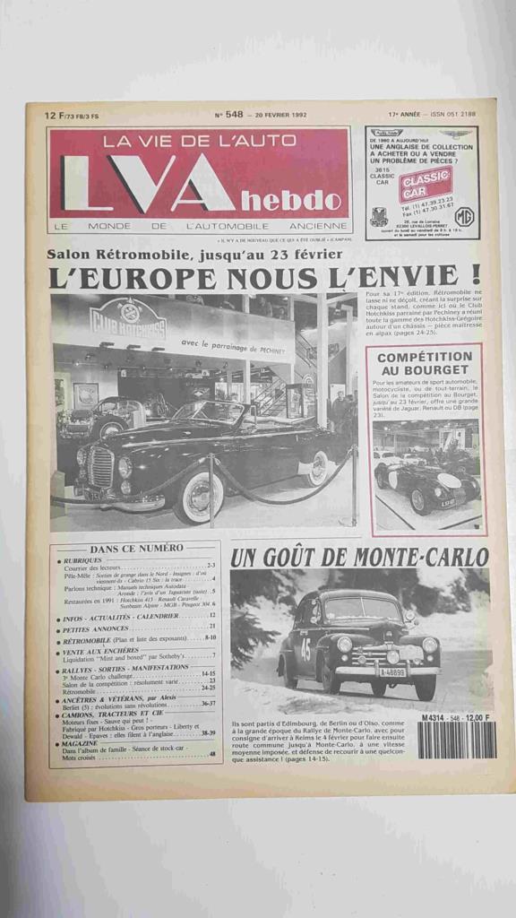 Revista, Magazine: La Vie de l'Auto LVA Hebdo num 548, 20 fevrier 1992 - Salon Retromobile  jusque'au 23 fevrier