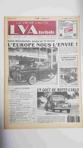 Revista, Magazine: La Vie de l'Auto LVA Hebdo num 548, 20 fevrier 1992 - Salon Retromobile  jusque'au 23 fevrier
