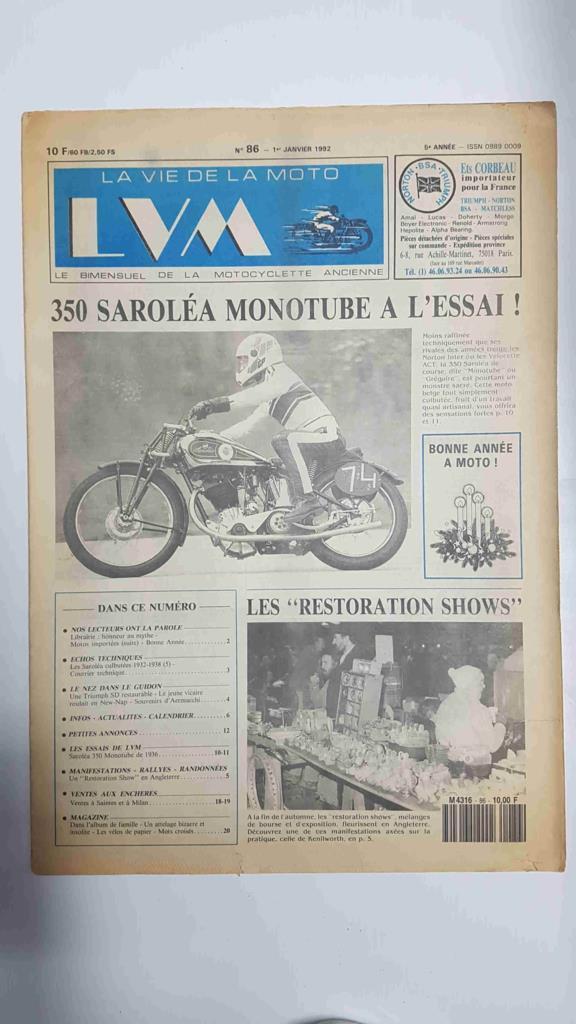 La vie de la moto  LVM numero 86 - 1er janvier 1992 - 350 saroléa monotube a l'essai