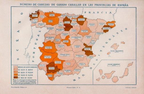 LAMINA V16645: Mapa del numero de cabezas de ganado caballar en España