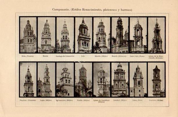 LAMINA V16825: Tipos de campanario de estilos Renacimiento Plateresco y Barroco
