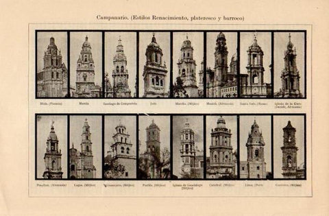 LAMINA V16825: Tipos de campanario de estilos Renacimiento Plateresco y Barroco