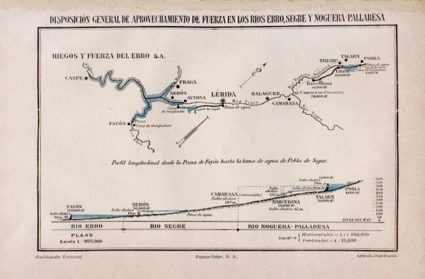 LAMINA V16421: Mapa de la disposicion de aprovechamiento de fuerza en los rios Ebro, Segre y Noguera Pallaresa