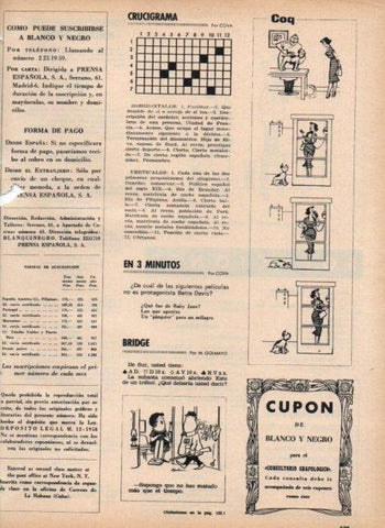 LAMINA V17024: Pagina de crucigrama y viñeta de Coq