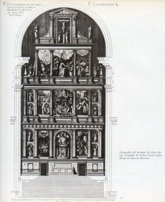 LAMINA V17610: Basilica del Escorial. Retablo del Altar Mayor grabado de Pedro Perret