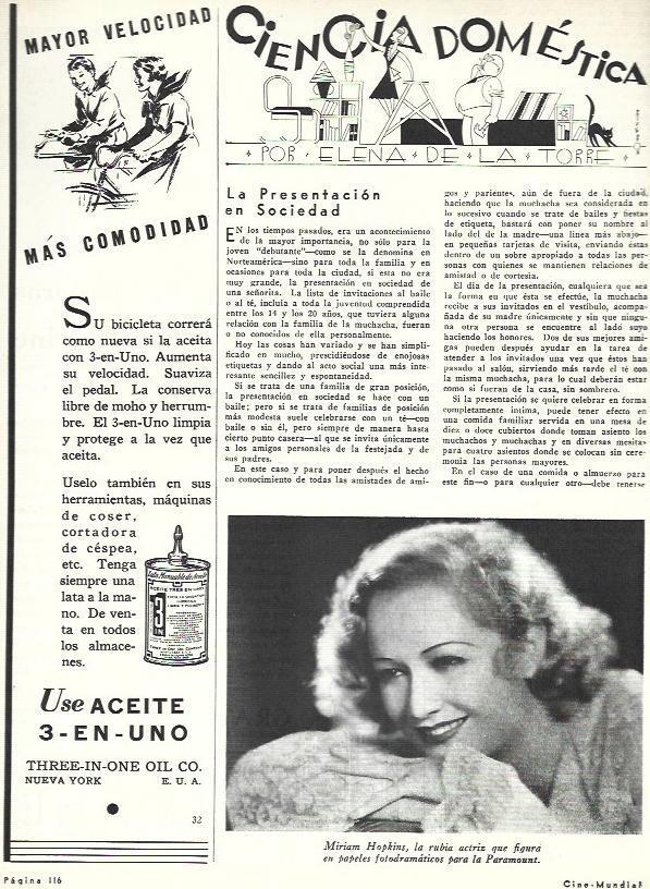 LAMINA 31900: Miriam Hopkins y publicidad de aceite 3 en uno