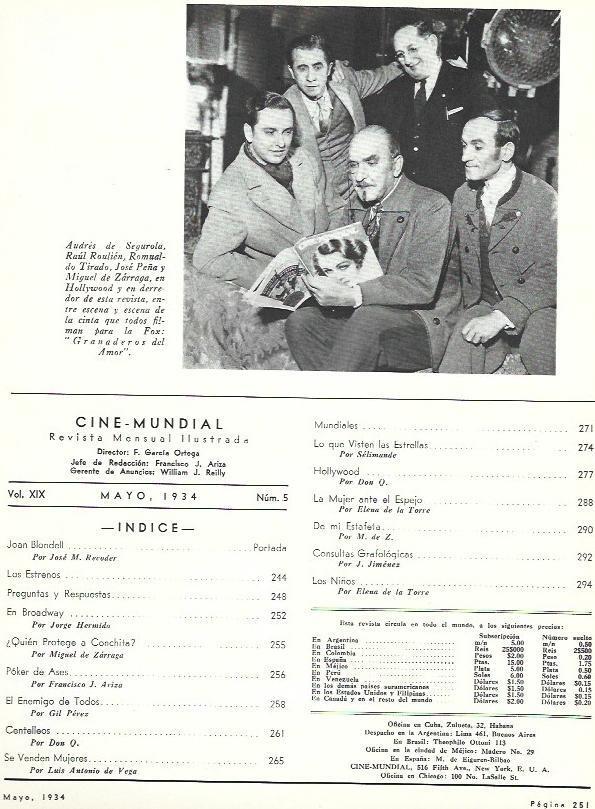 LAMINA 31853: Indice del numero 5 de Cine Mundial de mayo de 1934