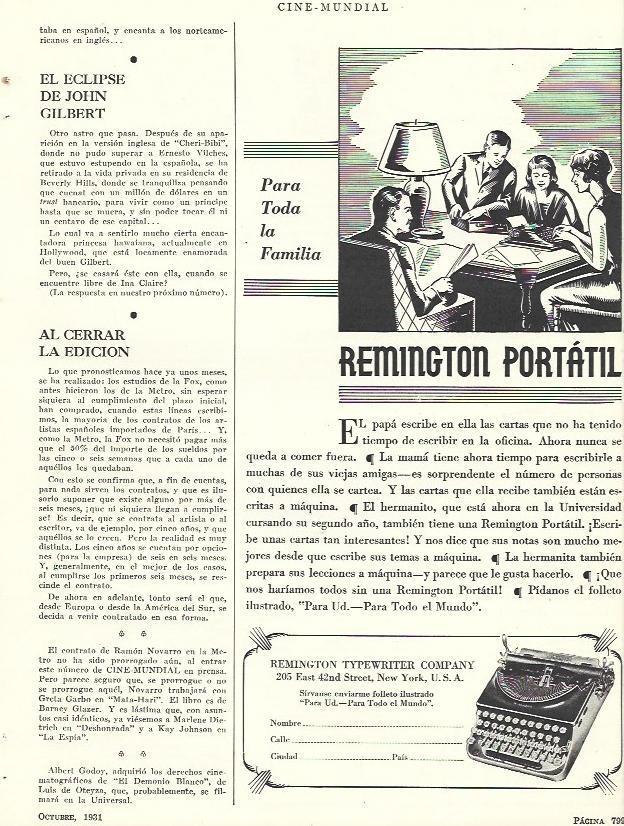 LAMINA 31835: Publicidad de maquina de escribir Remington portatil
