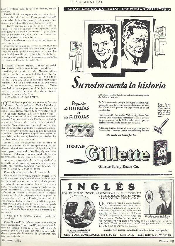 LAMINA 31842: Publicidad de hojas Gillette y de clases de ingles