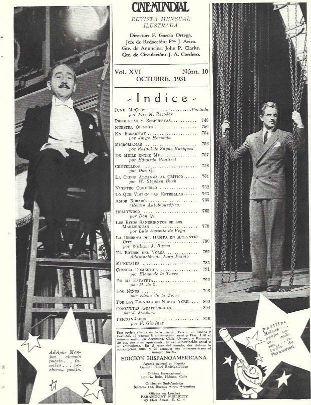 LAMINA 31812: Indice de la revista Cine-Mundial de octubre de 1931