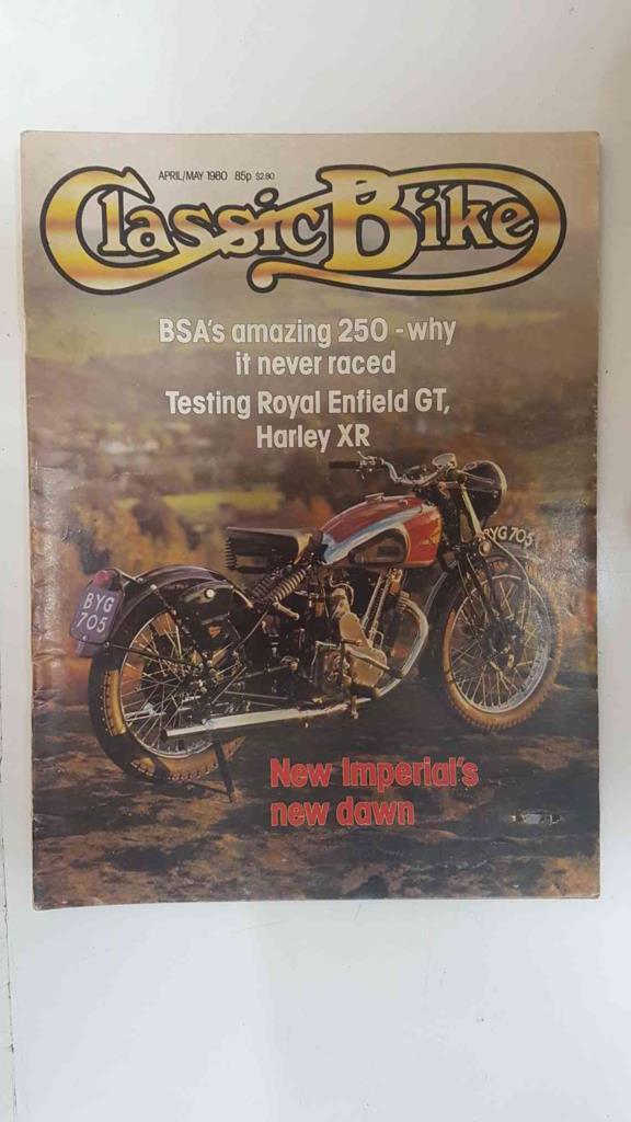 Revista, magazine: Classic Bike April/May 1980 - Testing Royal Enfield GT, Harley XR. Poster 2500cc New Imperial Model 36