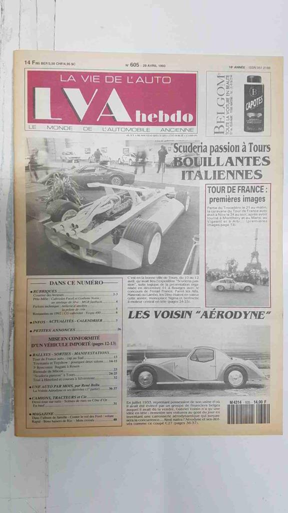 Revista, Magazine: La Vie de l'Auto LVA Hebdo num 605, 29 avril 1993 - Scuderia passion a Tours Bouillantes italiennes