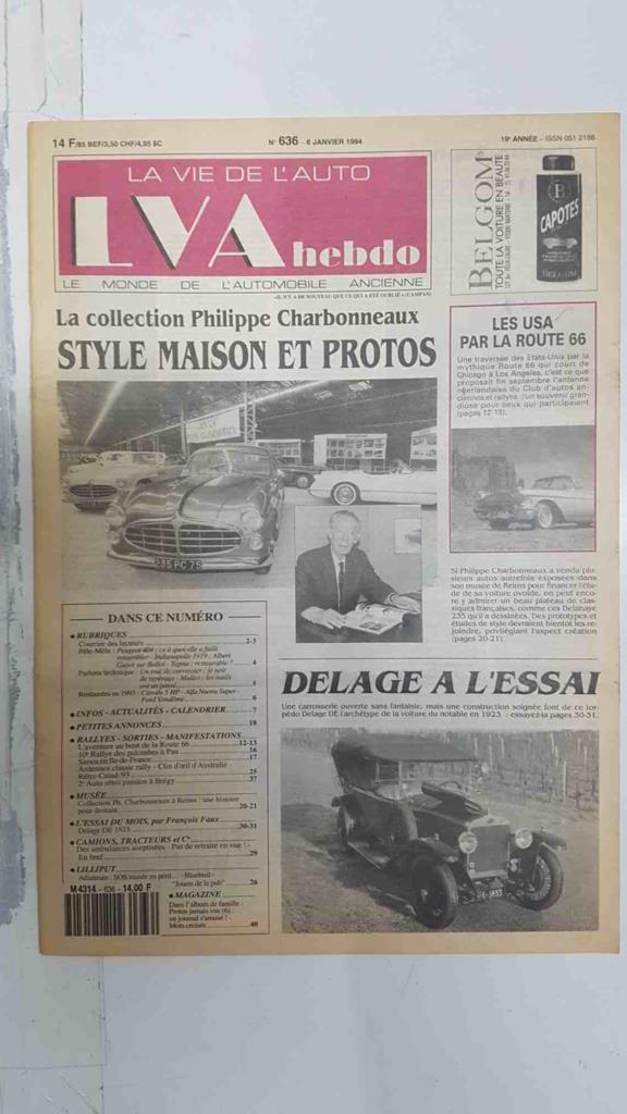 Revista, Magazine: La Vie de l'Auto LVA Hebdo num 636, 6 janvier 1994 - La collection Philippe Charbonneaux, Style Maison et protos