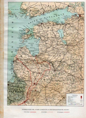 LAMINA V18133: Mapa de las fases del avance aleman en las provincias rusas del Baltico