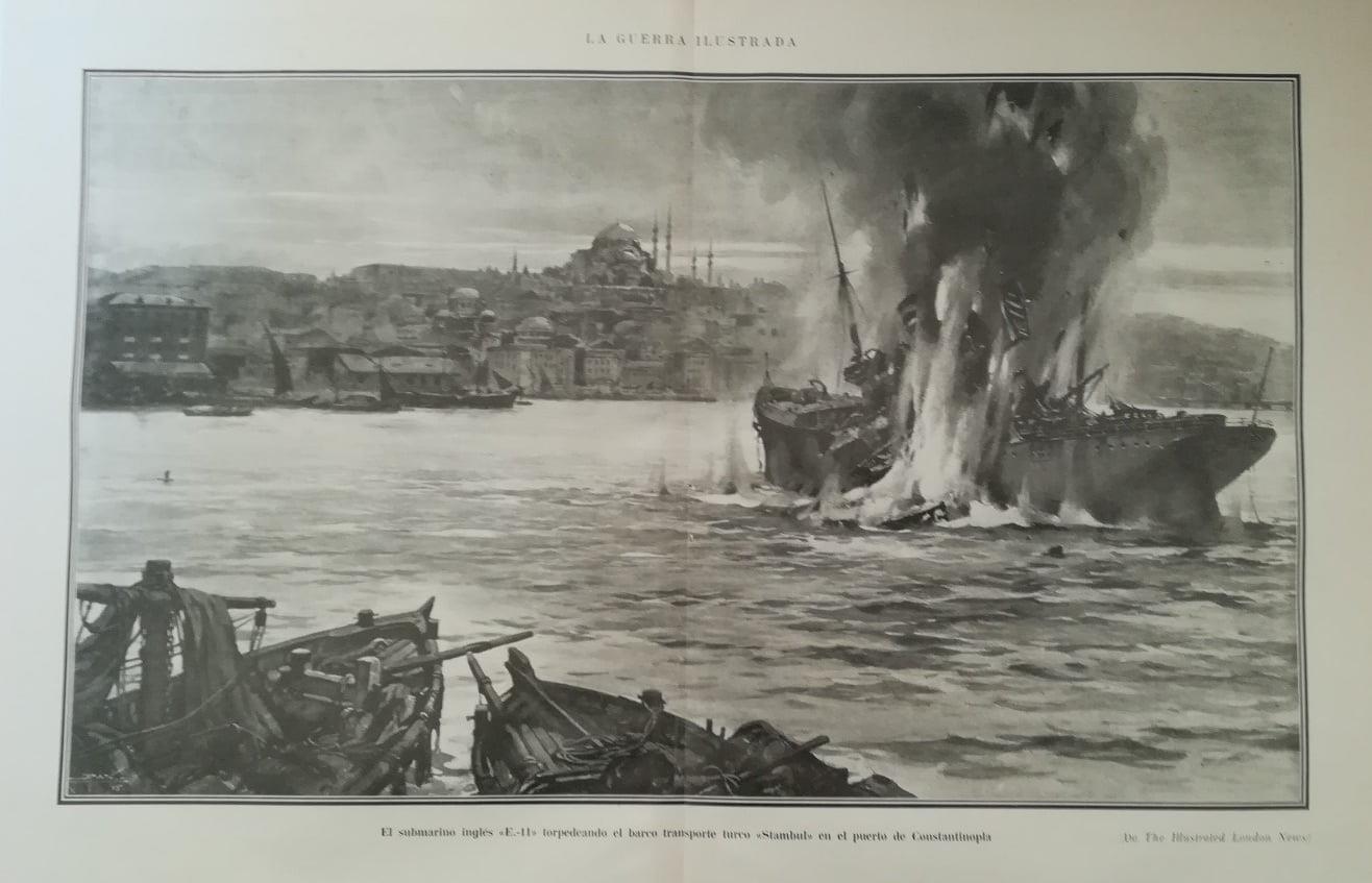 LAMINA V18159: Submarino E-11 torpedeando al barco Stambul en puerto de Constantinopla