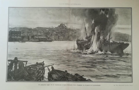 LAMINA V18159: Submarino E-11 torpedeando al barco Stambul en puerto de Constantinopla