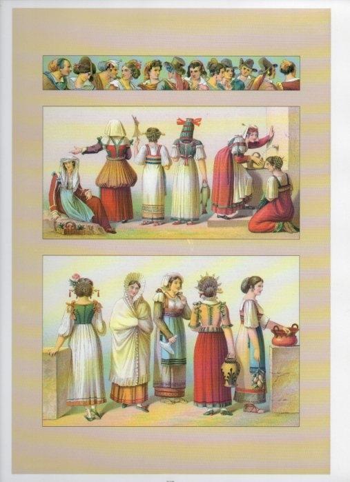LAMINA V18447: Traditional costumes of the 1880s. Italy. The true descendants of the romans