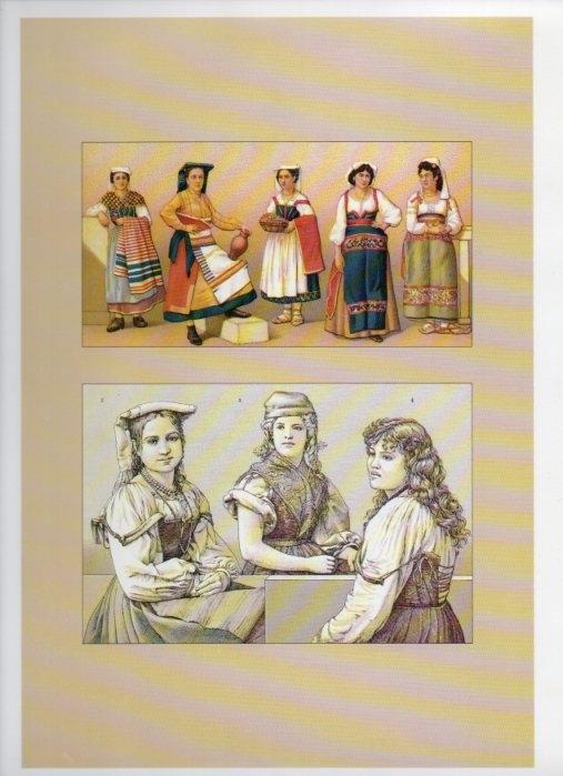 LAMINA V18448: Traditional costumes of the 1880s. Italy. Peasants in the province