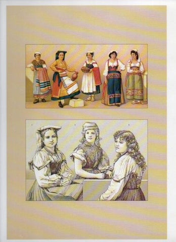 LAMINA V18448: Traditional costumes of the 1880s. Italy. Peasants in the province