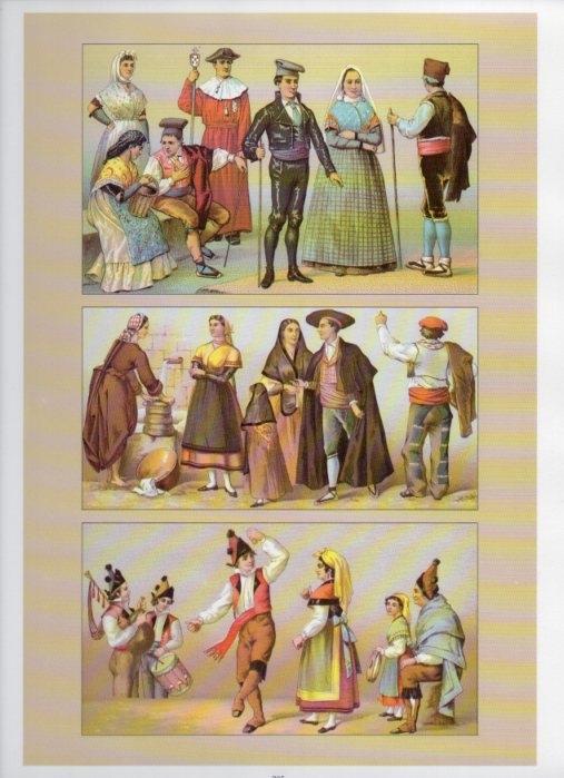 LAMINA V18451: Traditional costumes of the 1880s. Spain. Catalonia, Aragon and Galicia