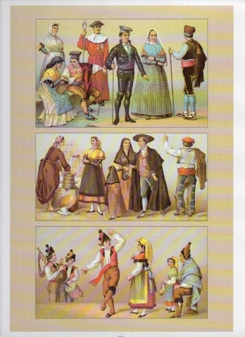 LAMINA V18451: Traditional costumes of the 1880s. Spain. Catalonia, Aragon and Galicia
