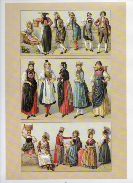 LAMINA V18436: Traditional costumes of the 1880s. Switzerland. Bright colours and ribbons