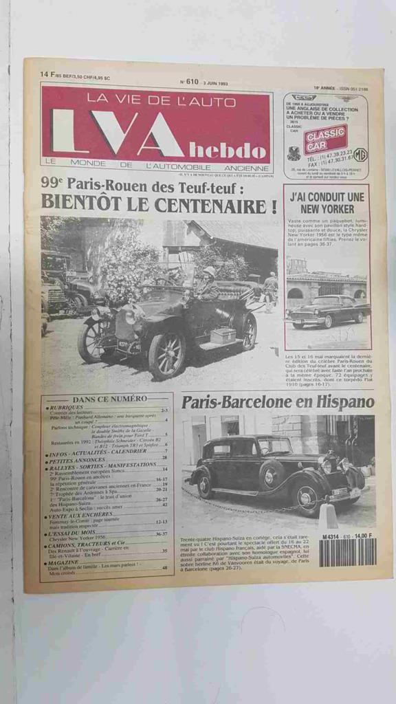Revista, Magazine: La Vie de l'Auto LVA Hebdo num 610, 3 juin 1993 - 99e Paris-Rouen des Teuf Teuf Bientot le centenaire