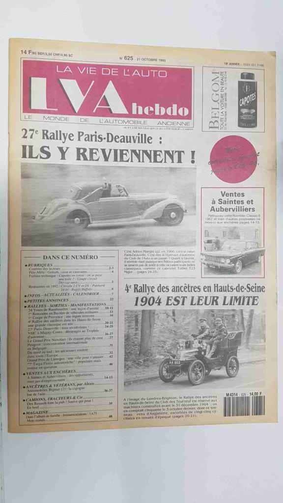 Revista, Magazine: La Vie de l'Auto LVA Hebdo num 625, 21 octobre 1993 - 27e Rallye Paris Deauville ils y reviennent