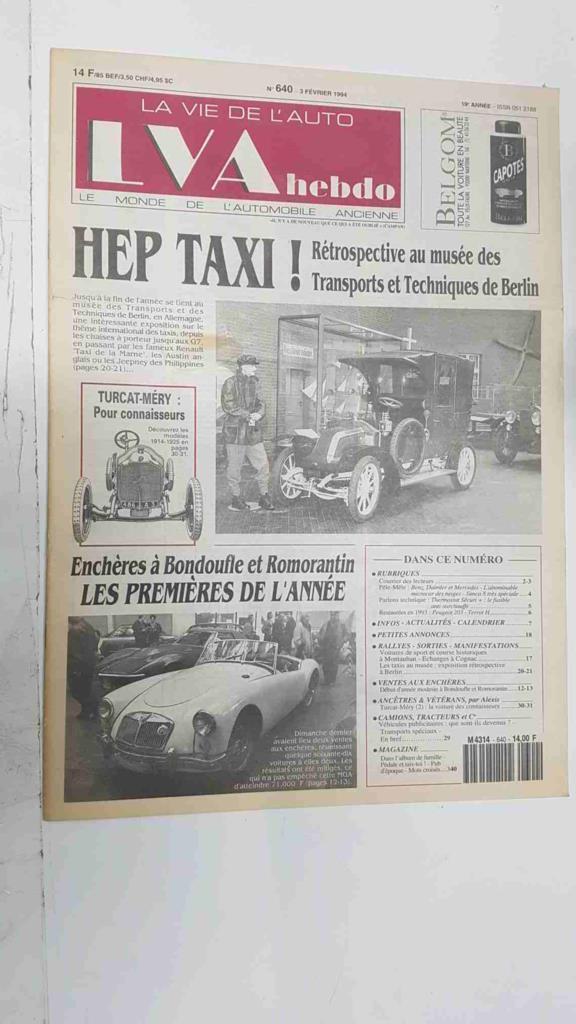 Revista, Magazine: La Vie de l'Auto LVA Hebdo num 640, 3 fevrier 1994 - Hep Taxi Retrospective au musee des transports et techniques de Berlin