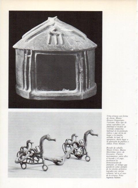 LAMINA V19192: Urna etrusca con forma de choza y Bocado de caballo