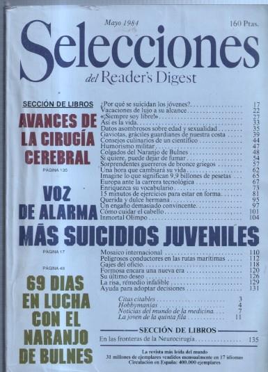 Selecciones del Readers Digest: 1984 mayo: Inmortal olimpo, Hobbymanias, Mas suicidios juveniles