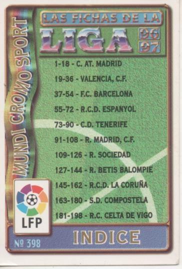 Cromo E003726: Trading Card. Las Fichas de la Liga 96-97. nº 398 Indice