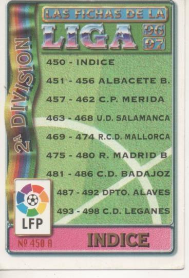 Cromo E003728: Trading Card. Las Fichas de la Liga 96-97. nº 450 A Indice