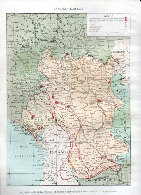 LAMINA V22512: Mapa de las fases de la invasion de Servia y Montenegro desde 27 de noviembre