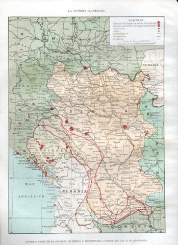 LAMINA V22512: Mapa de las fases de la invasion de Servia y Montenegro desde 27 de noviembre