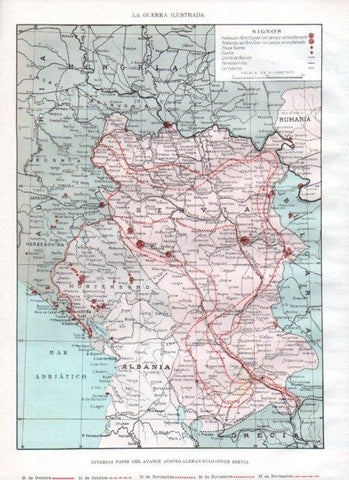 LAMINA V22288: Mapa avance austro-aleman-bulgaro en Servia