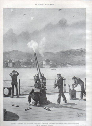LAMINA V22339: Fuego de cañones de la escuadra inglesa en Salonica
