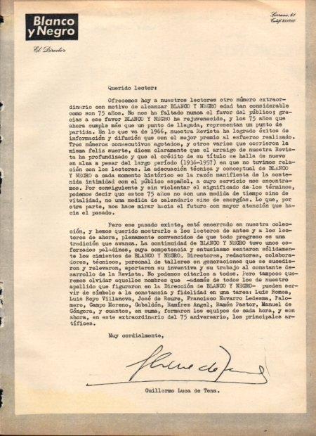 LAMINA V21814: Carta de Guillermo Luca de Tena para Blanco y Negro num. 2818